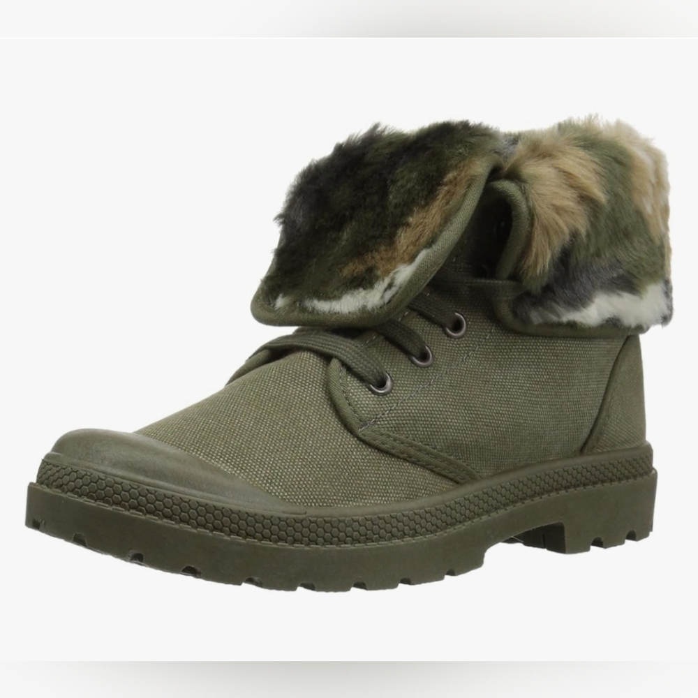 Rocket Dog women's canvas combat style faux fur cuffed boot olive green